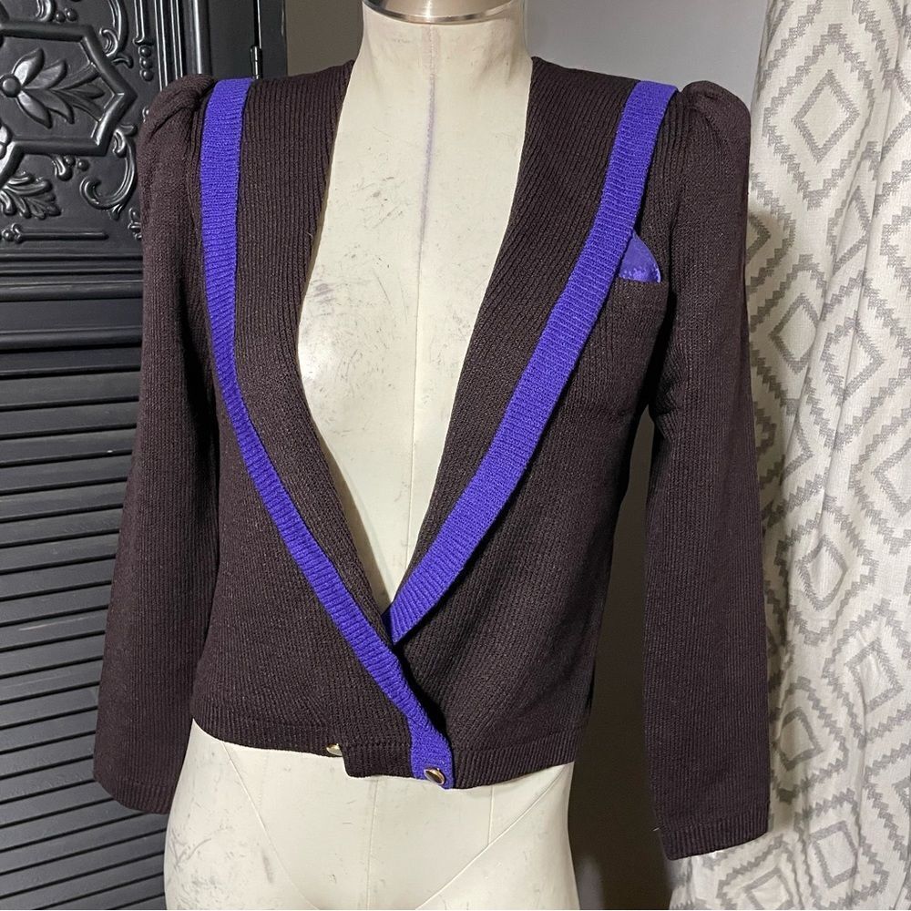 ST.‎ JOHN Vintage 70s 80s Brown Knit Jacket W/ Purple Trim Blazer 4 - Picture 2 of 8